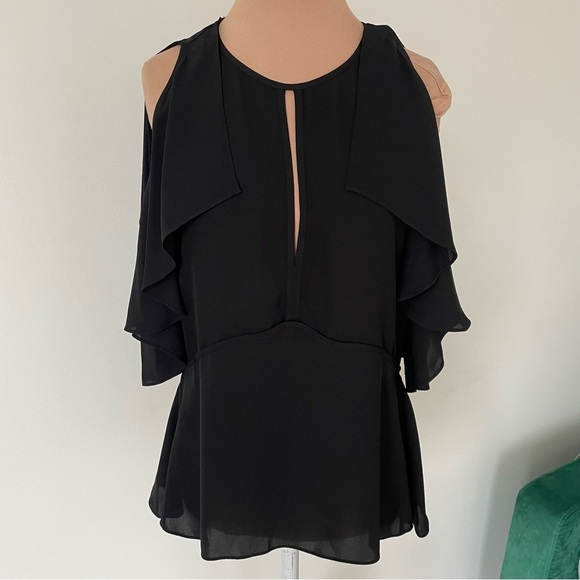 Theory GGT Silk Black Cut Out Ruffle Shoulder Keyhole Desiraya B Top EUC Size S - Picture 2 of 10